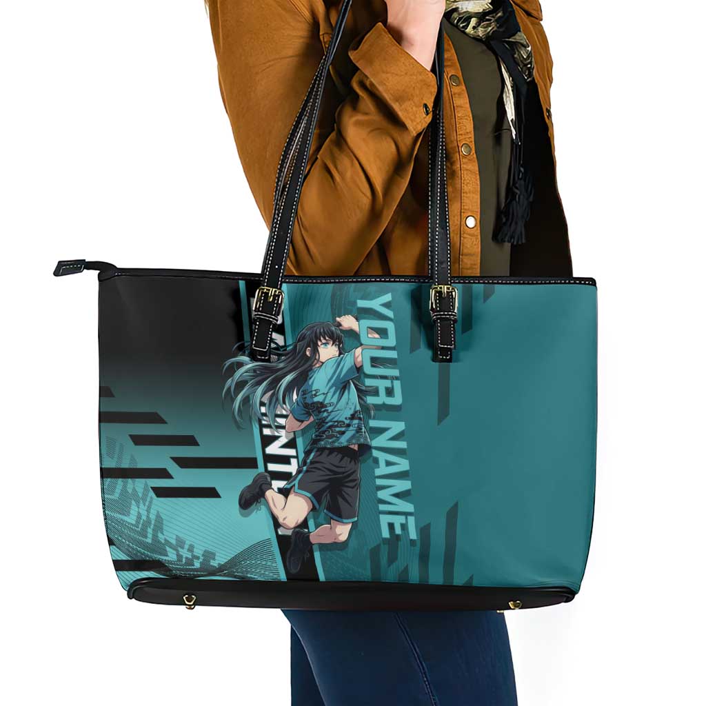 Personalized Tokito Muichiro Demon Slayer Badminton Leather Tote Bag with Racket Action Pose and Teal Black Graphic Design - The Mazicc