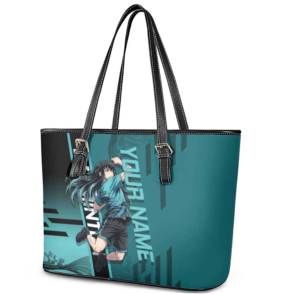 Personalized Tokito Muichiro Demon Slayer Badminton Leather Tote Bag with Racket Action Pose and Teal Black Graphic Design - The Mazicc
