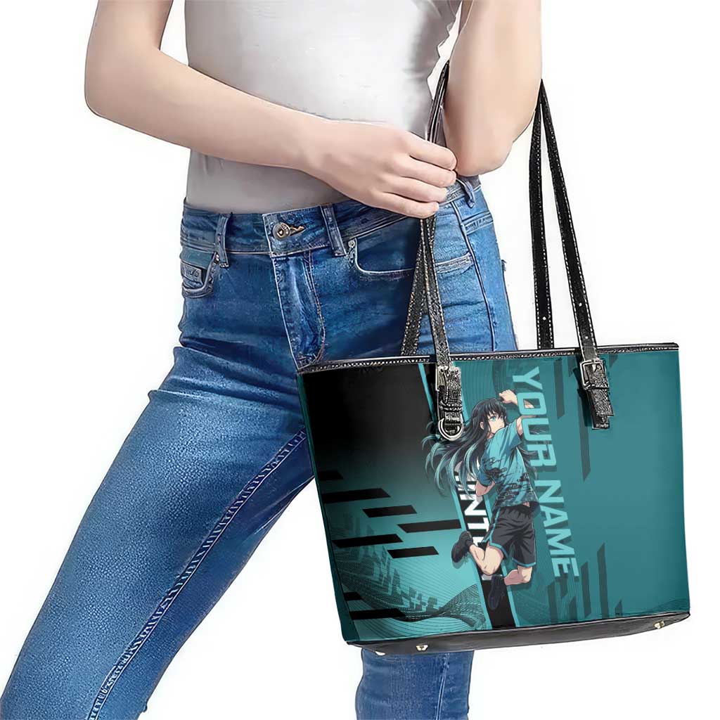 Personalized Tokito Muichiro Demon Slayer Badminton Leather Tote Bag with Racket Action Pose and Teal Black Graphic Design - The Mazicc