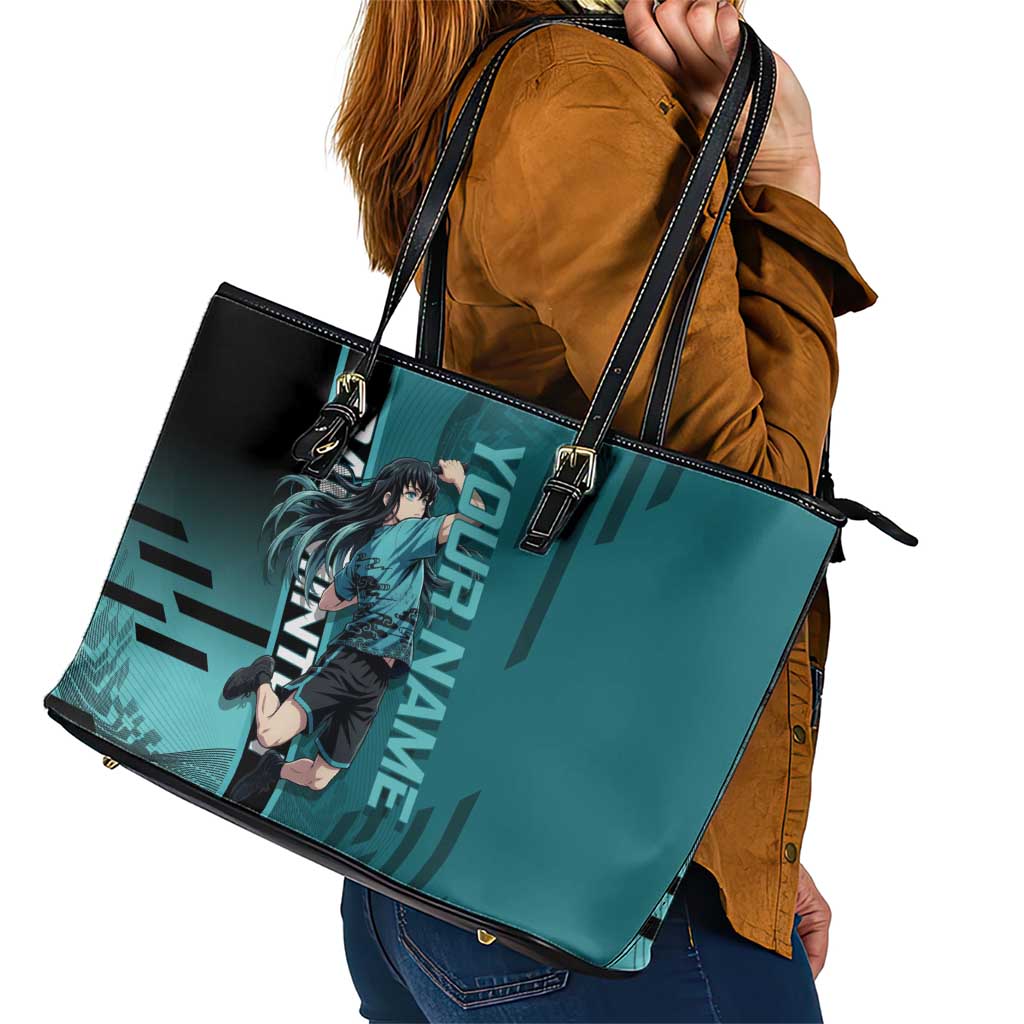 Personalized Tokito Muichiro Demon Slayer Badminton Leather Tote Bag with Racket Action Pose and Teal Black Graphic Design - The Mazicc
