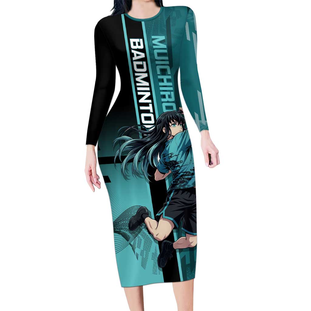 Personalized Tokito Muichiro Demon Slayer Badminton Long Sleeve Bodycon Dress with Racket Action Pose and Teal Black Graphic Design - The Mazicc