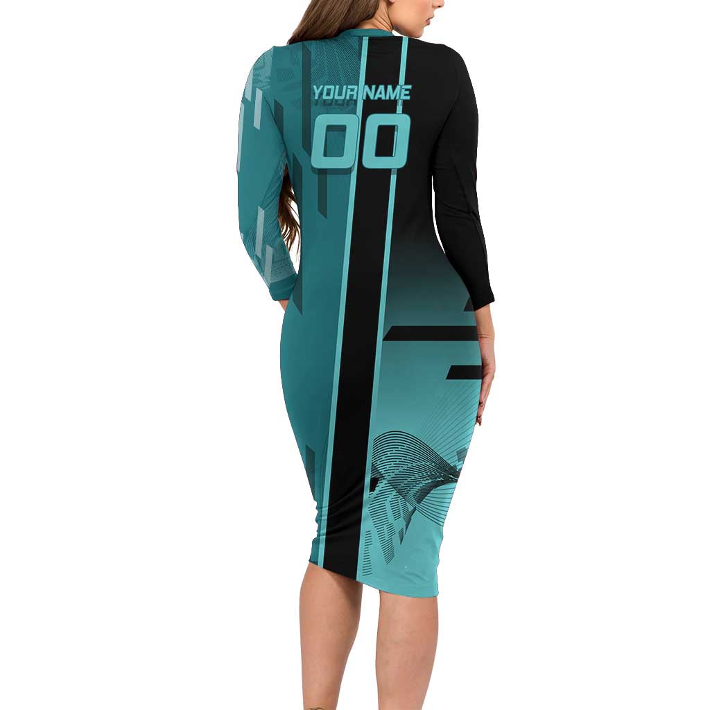 Personalized Tokito Muichiro Demon Slayer Badminton Long Sleeve Bodycon Dress with Racket Action Pose and Teal Black Graphic Design - The Mazicc