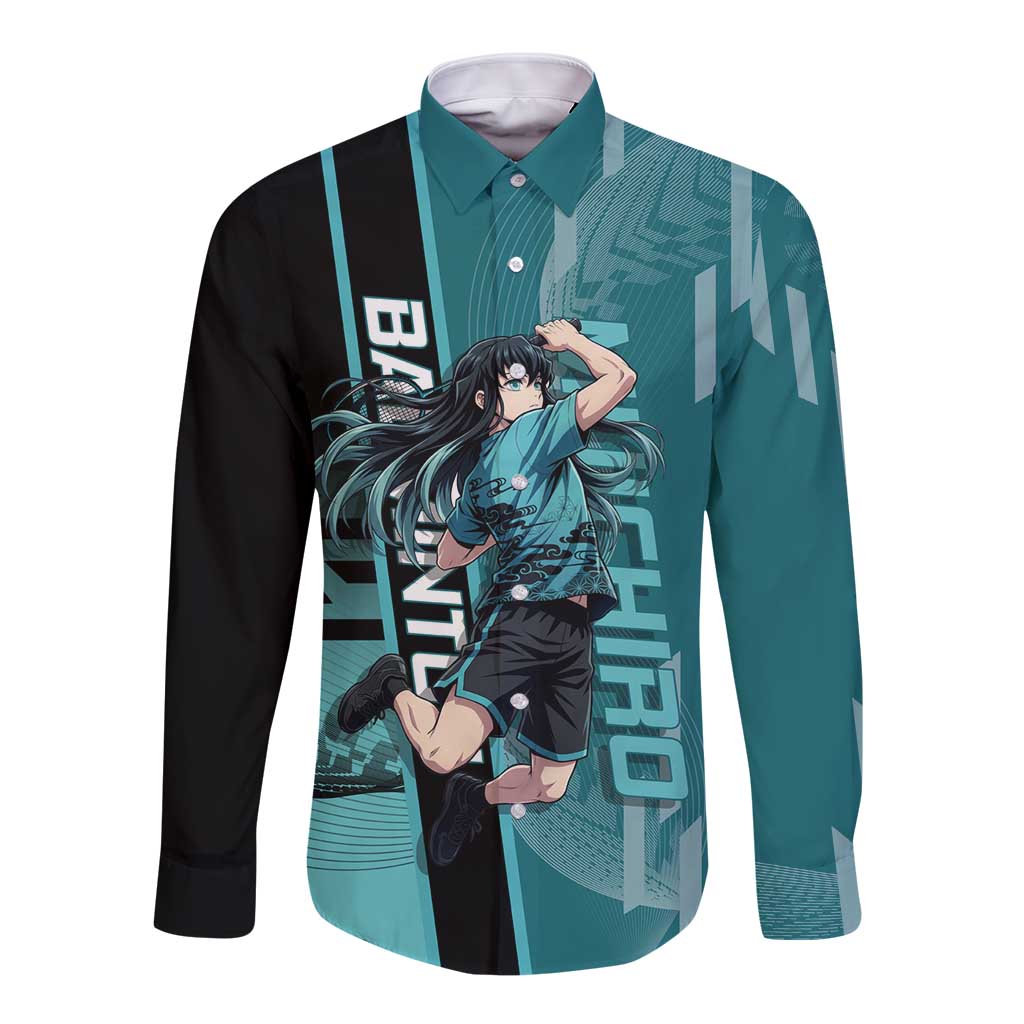 Personalized Tokito Muichiro Demon Slayer Badminton Long Sleeve Button Shirt with Racket Action Pose and Teal Black Graphic Design - The Mazicc