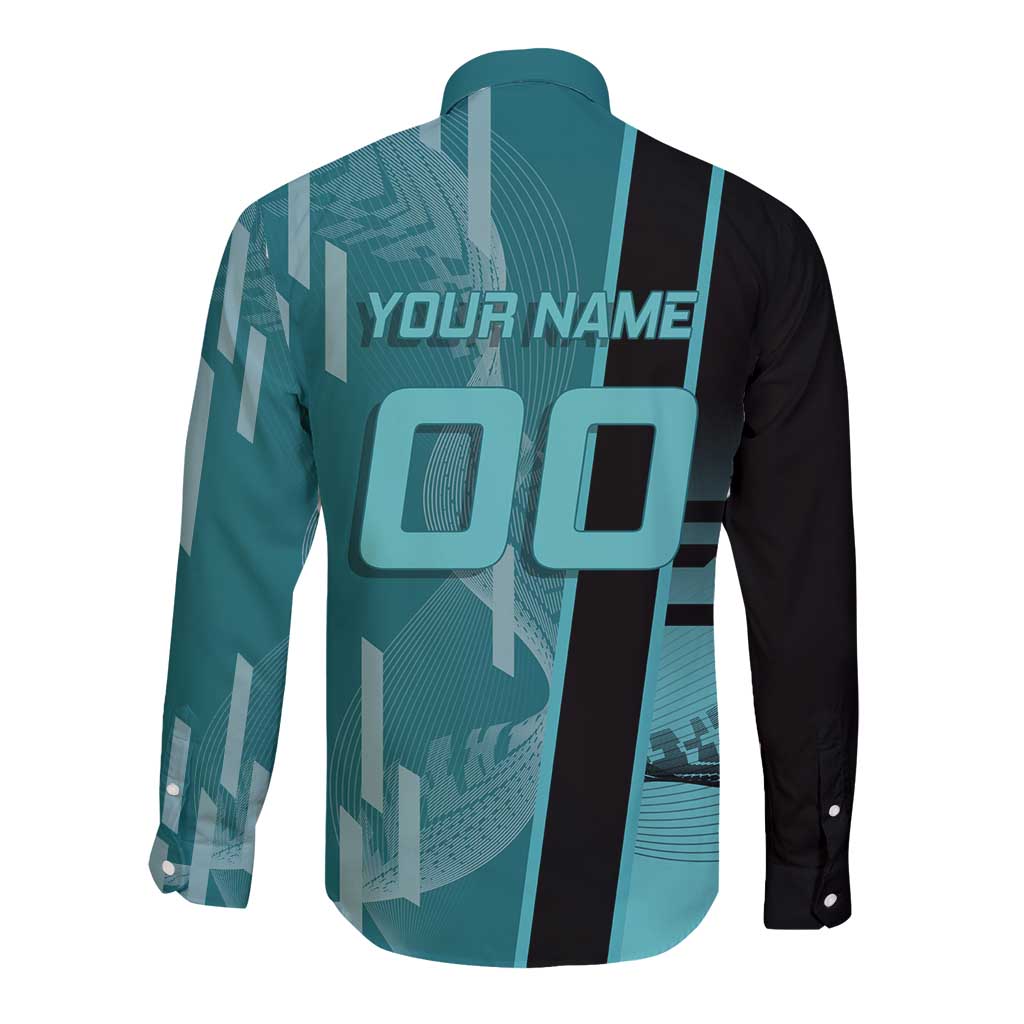Personalized Tokito Muichiro Demon Slayer Badminton Long Sleeve Button Shirt with Racket Action Pose and Teal Black Graphic Design - The Mazicc