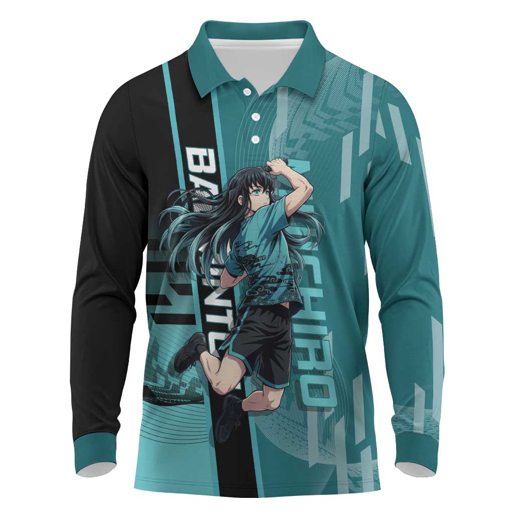 Personalized Tokito Muichiro Demon Slayer Badminton Long Sleeve Polo Shirt with Racket Action Pose and Teal Black Graphic Design - The Mazicc
