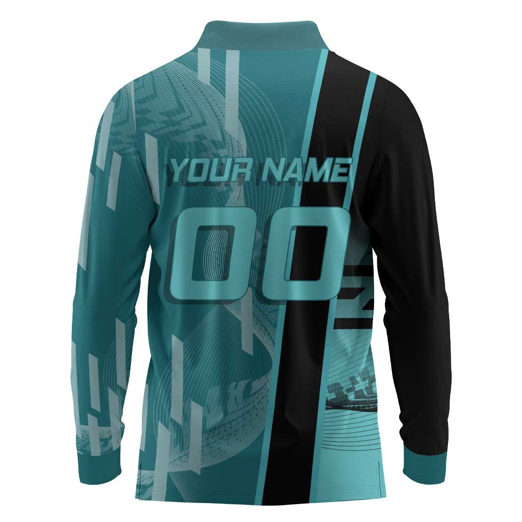 Personalized Tokito Muichiro Demon Slayer Badminton Long Sleeve Polo Shirt with Racket Action Pose and Teal Black Graphic Design - The Mazicc