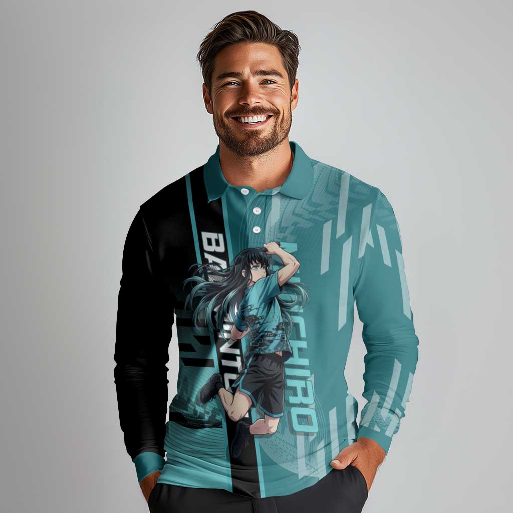 Personalized Tokito Muichiro Demon Slayer Badminton Long Sleeve Polo Shirt with Racket Action Pose and Teal Black Graphic Design - The Mazicc