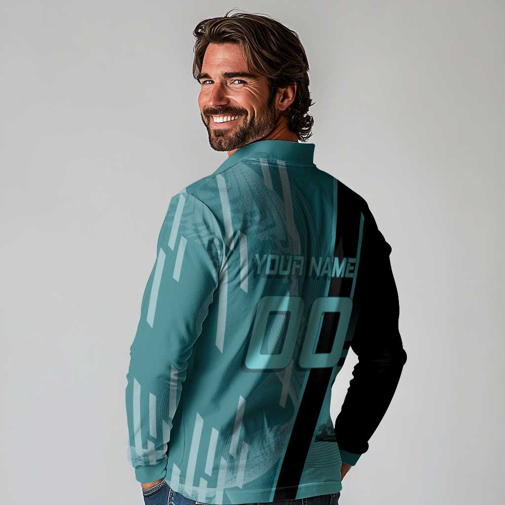 Personalized Tokito Muichiro Demon Slayer Badminton Long Sleeve Polo Shirt with Racket Action Pose and Teal Black Graphic Design - The Mazicc