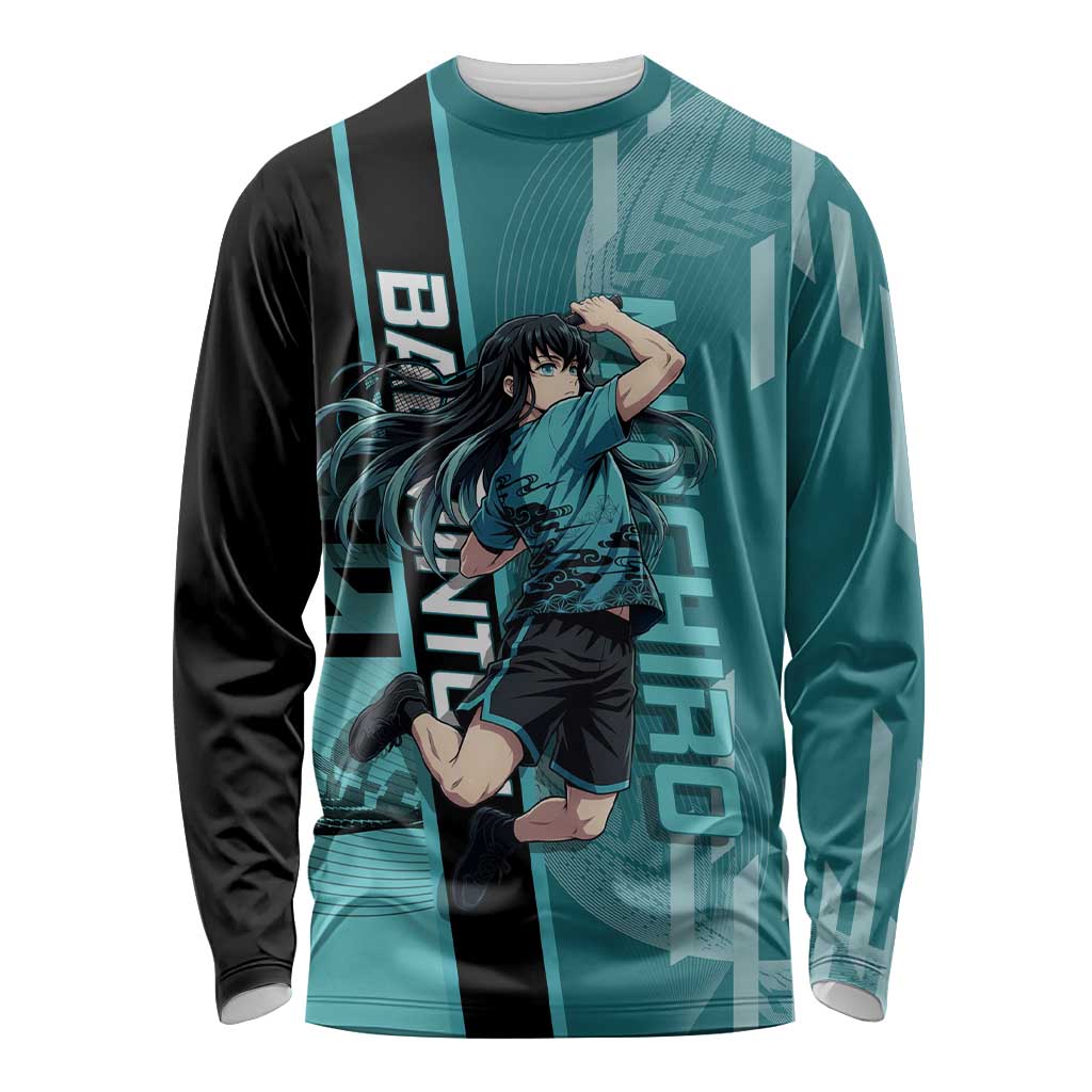 Personalized Tokito Muichiro Demon Slayer Badminton Long Sleeve Shirt with Racket Action Pose and Teal Black Graphic Design - The Mazicc