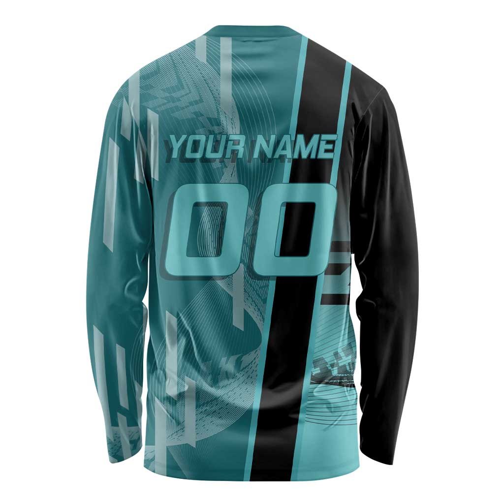 Personalized Tokito Muichiro Demon Slayer Badminton Long Sleeve Shirt with Racket Action Pose and Teal Black Graphic Design - The Mazicc
