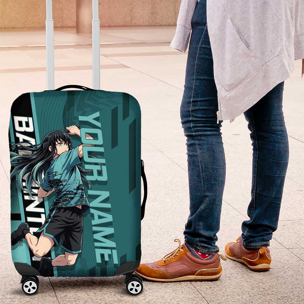 Personalized Tokito Muichiro Demon Slayer Badminton Luggage Cover with Racket Action Pose and Teal Black Graphic Design - The Mazicc