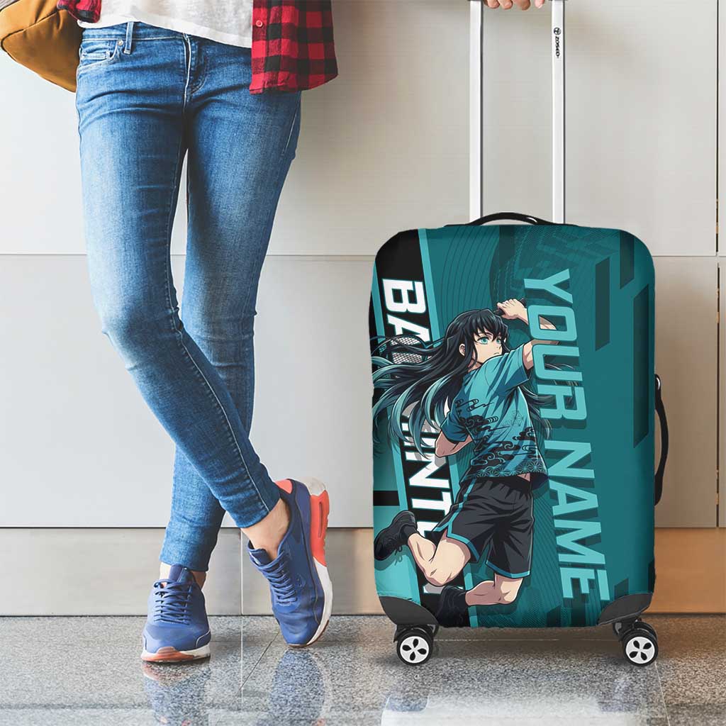 Personalized Tokito Muichiro Demon Slayer Badminton Luggage Cover with Racket Action Pose and Teal Black Graphic Design - The Mazicc