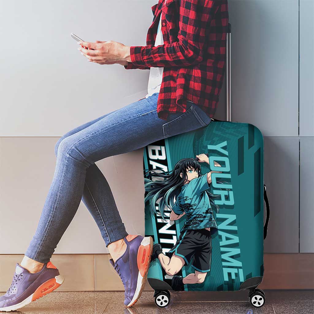 Personalized Tokito Muichiro Demon Slayer Badminton Luggage Cover with Racket Action Pose and Teal Black Graphic Design - The Mazicc