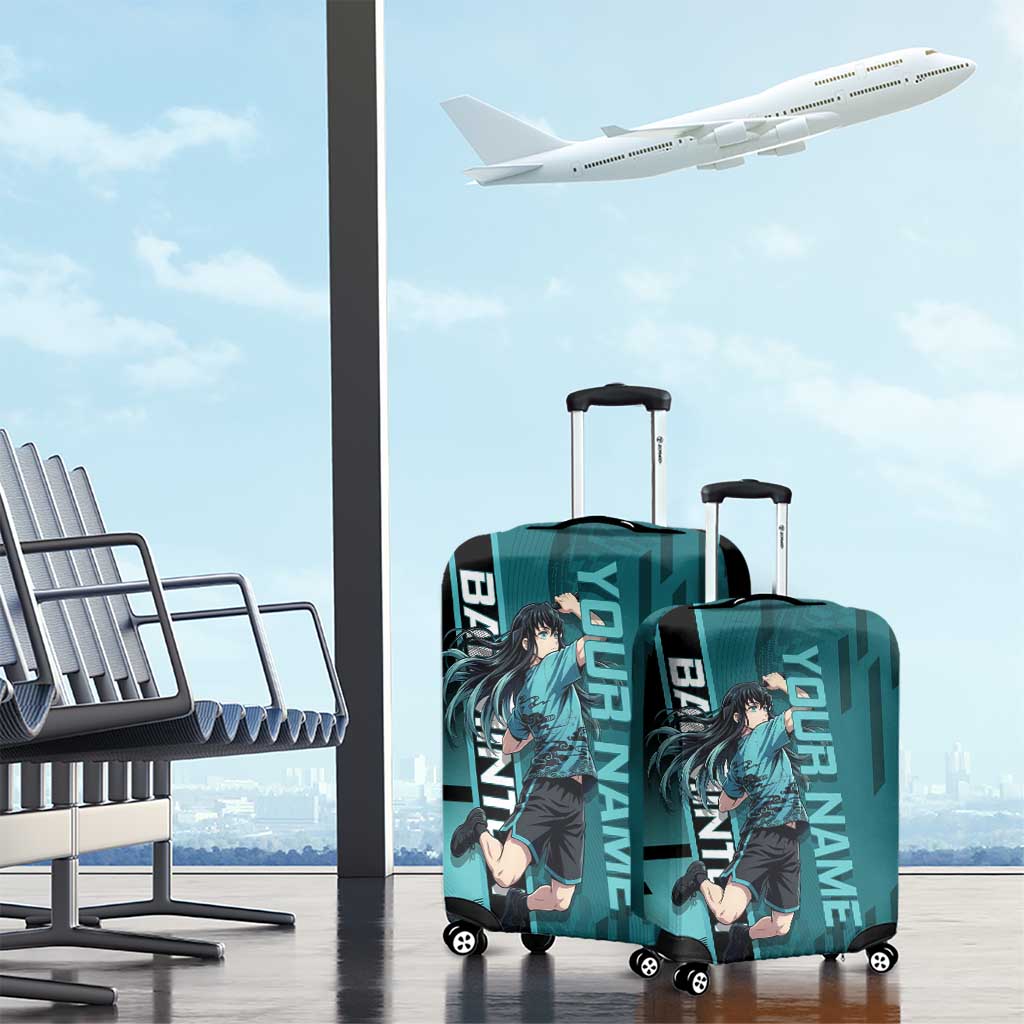 Personalized Tokito Muichiro Demon Slayer Badminton Luggage Cover with Racket Action Pose and Teal Black Graphic Design - The Mazicc