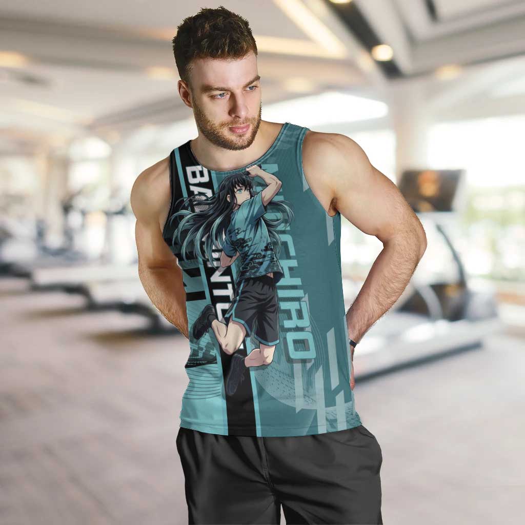 Personalized Tokito Muichiro Demon Slayer Badminton Men Tank Top with Racket Action Pose and Teal Black Graphic Design - The Mazicc