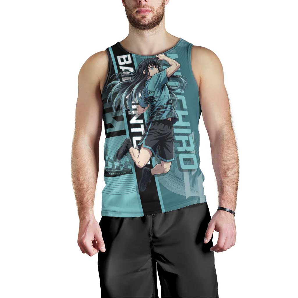 Personalized Tokito Muichiro Demon Slayer Badminton Men Tank Top with Racket Action Pose and Teal Black Graphic Design - The Mazicc