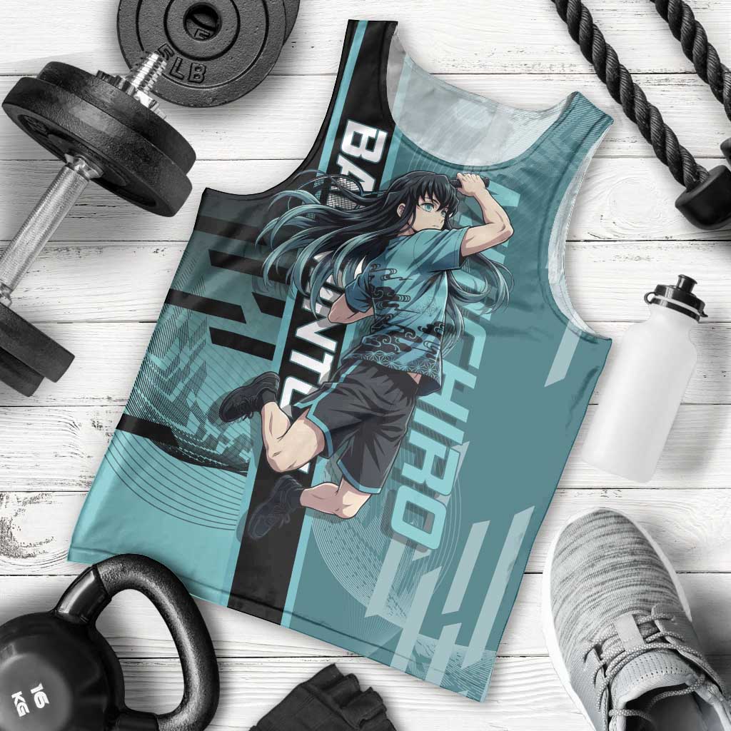 Personalized Tokito Muichiro Demon Slayer Badminton Men Tank Top with Racket Action Pose and Teal Black Graphic Design - The Mazicc