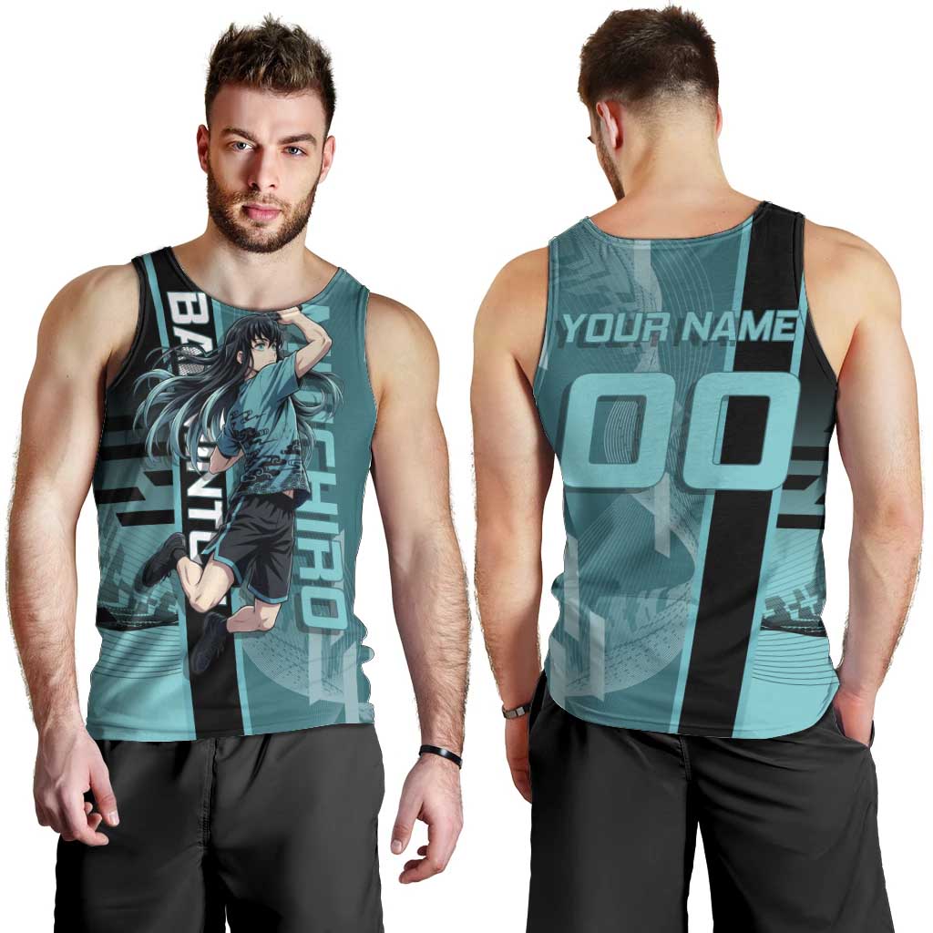 Personalized Tokito Muichiro Demon Slayer Badminton Men Tank Top with Racket Action Pose and Teal Black Graphic Design - The Mazicc