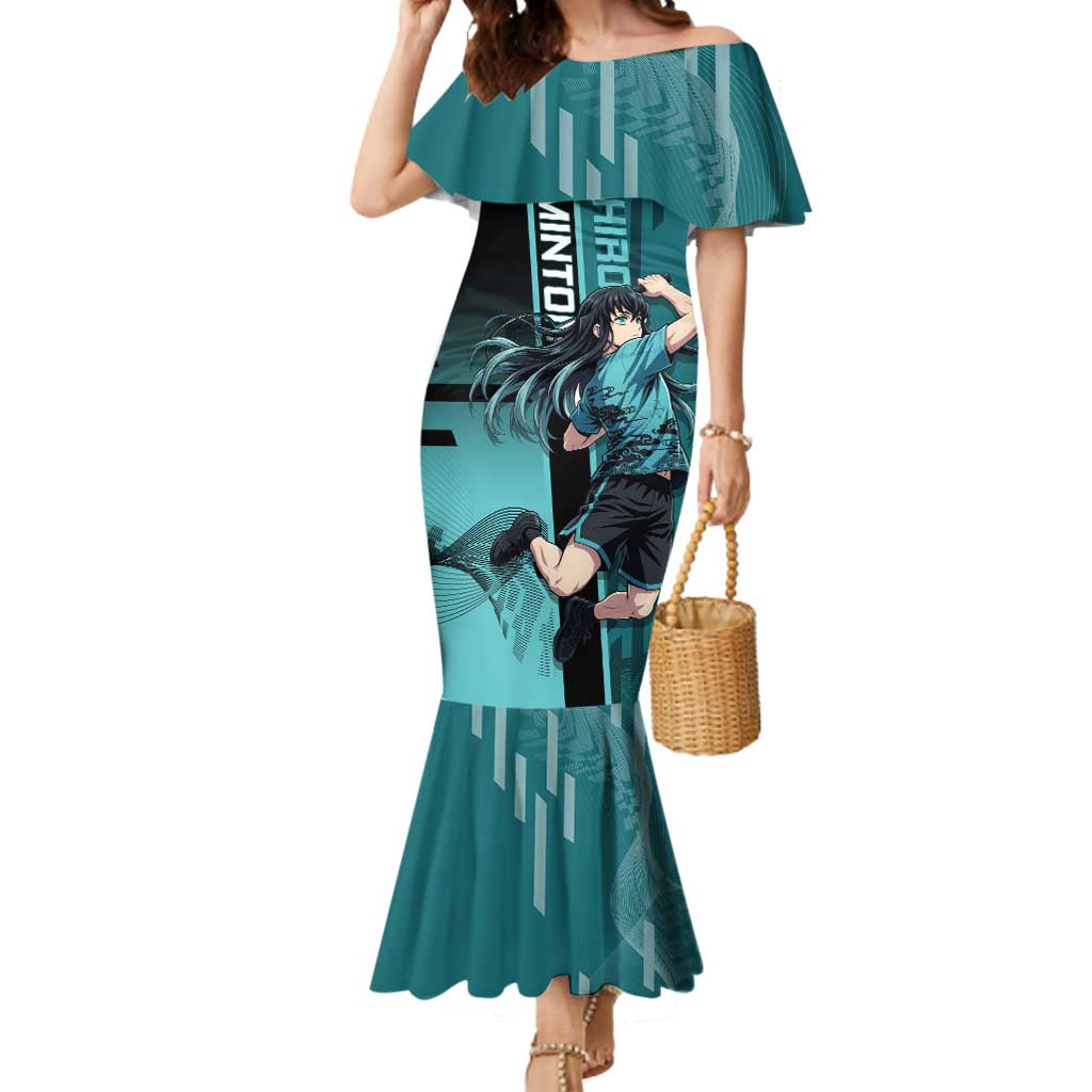 Personalized Tokito Muichiro Demon Slayer Badminton Mermaid Dress with Racket Action Pose and Teal Black Graphic Design - The Mazicc