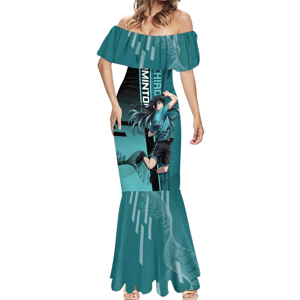 Personalized Tokito Muichiro Demon Slayer Badminton Mermaid Dress with Racket Action Pose and Teal Black Graphic Design - The Mazicc