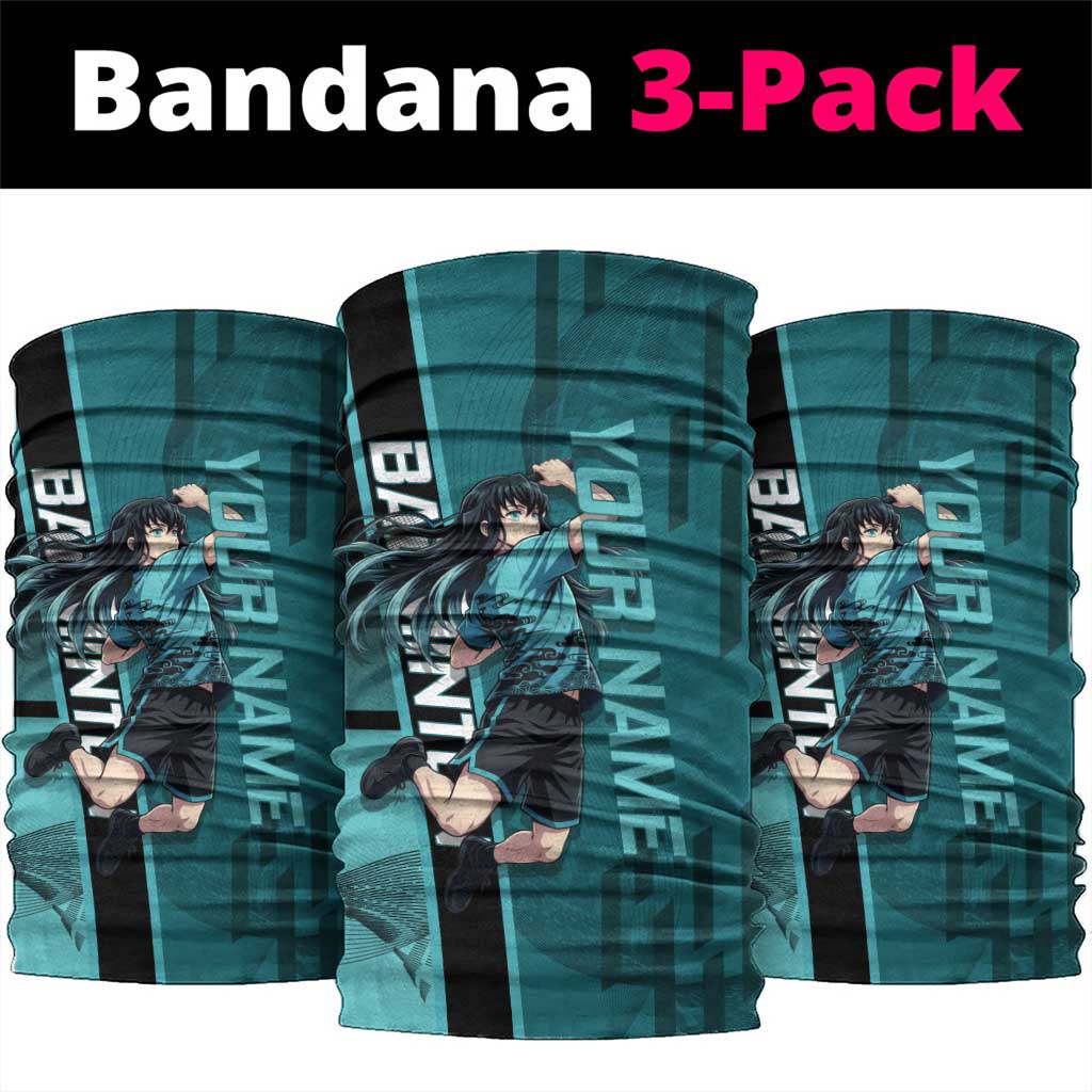 Personalized Tokito Muichiro Demon Slayer Badminton Neck Gaiter with Racket Action Pose and Teal Black Graphic Design - The Mazicc