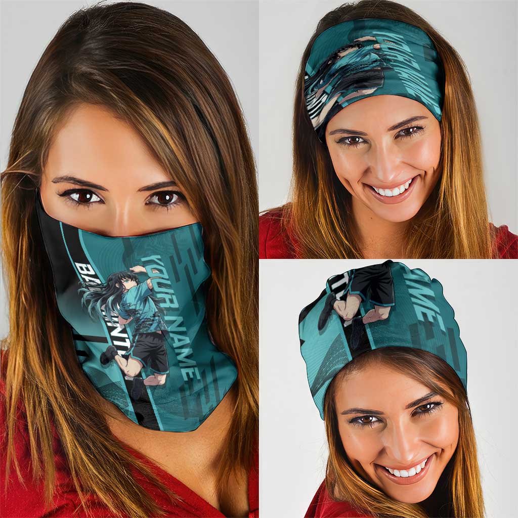 Personalized Tokito Muichiro Demon Slayer Badminton Neck Gaiter with Racket Action Pose and Teal Black Graphic Design - The Mazicc