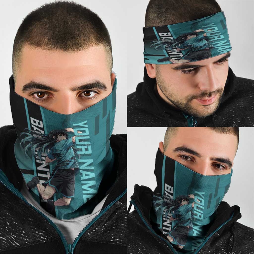 Personalized Tokito Muichiro Demon Slayer Badminton Neck Gaiter with Racket Action Pose and Teal Black Graphic Design - The Mazicc