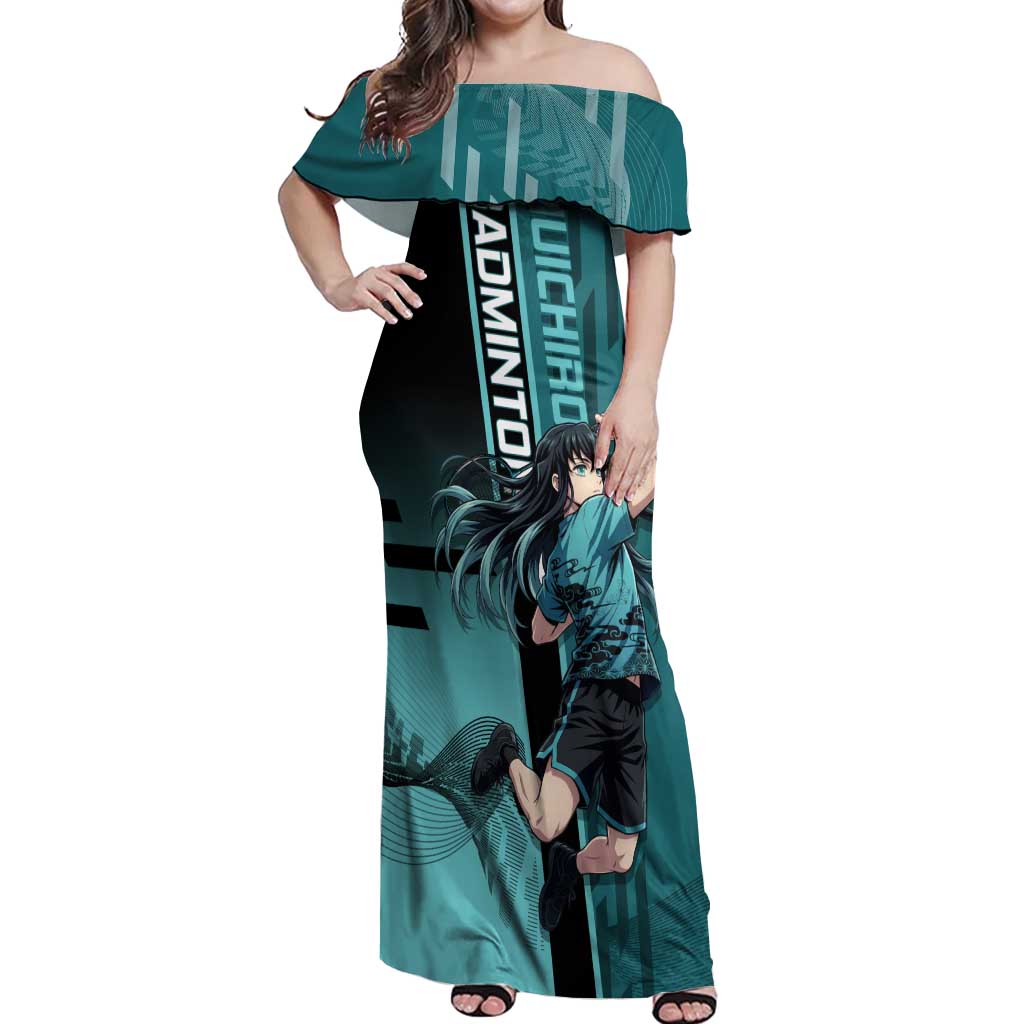 Personalized Tokito Muichiro Demon Slayer Badminton Off Shoulder Maxi Dress with Racket Action Pose and Teal Black Graphic Design - The Mazicc