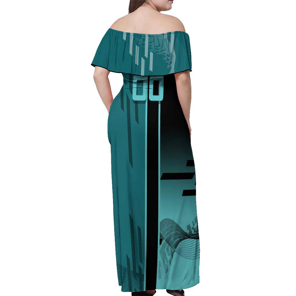 Personalized Tokito Muichiro Demon Slayer Badminton Off Shoulder Maxi Dress with Racket Action Pose and Teal Black Graphic Design - The Mazicc