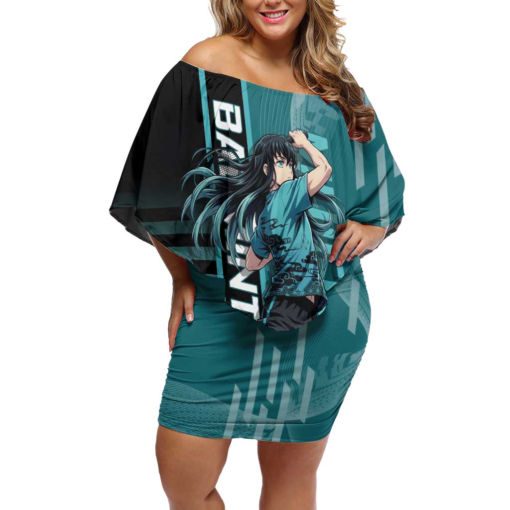 Personalized Tokito Muichiro Demon Slayer Badminton Off Shoulder Short Dress with Racket Action Pose and Teal Black Graphic Design - The Mazicc