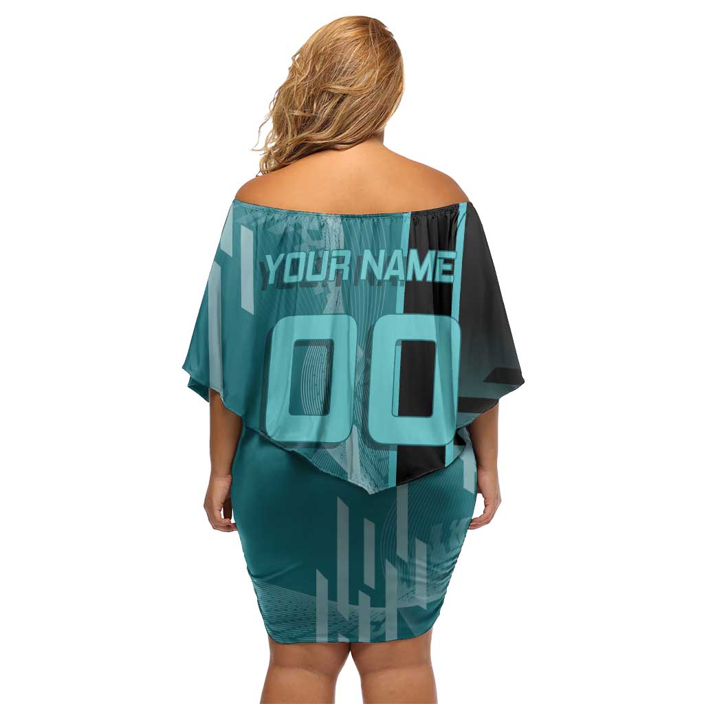 Personalized Tokito Muichiro Demon Slayer Badminton Off Shoulder Short Dress with Racket Action Pose and Teal Black Graphic Design - The Mazicc