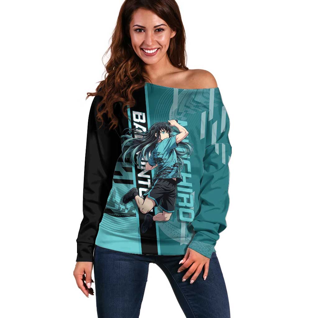 Personalized Tokito Muichiro Demon Slayer Badminton Off Shoulder Sweater with Racket Action Pose and Teal Black Graphic Design - The Mazicc