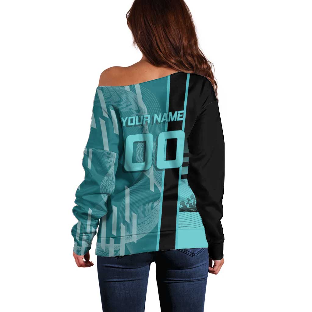 Personalized Tokito Muichiro Demon Slayer Badminton Off Shoulder Sweater with Racket Action Pose and Teal Black Graphic Design - The Mazicc