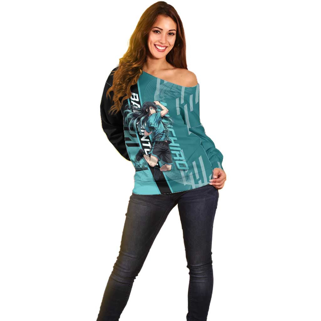 Personalized Tokito Muichiro Demon Slayer Badminton Off Shoulder Sweater with Racket Action Pose and Teal Black Graphic Design - The Mazicc