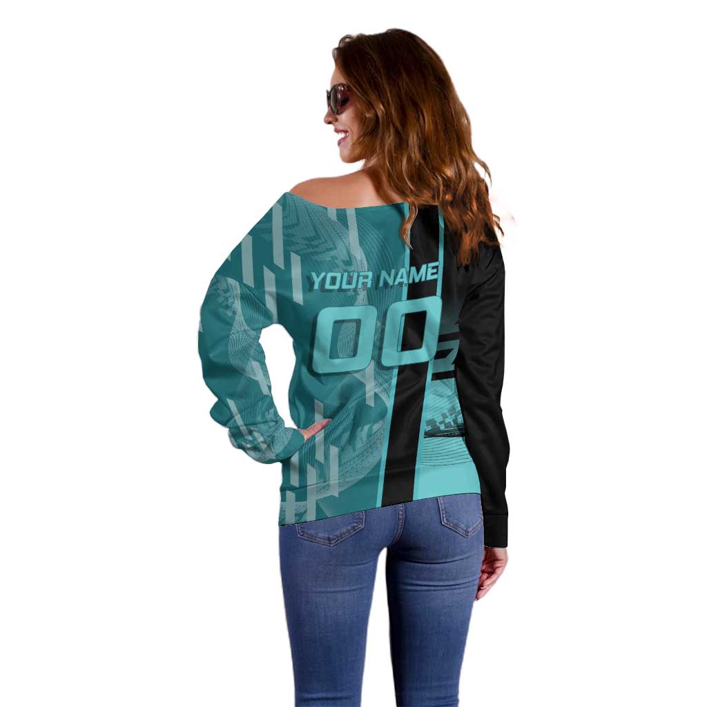 Personalized Tokito Muichiro Demon Slayer Badminton Off Shoulder Sweater with Racket Action Pose and Teal Black Graphic Design - The Mazicc