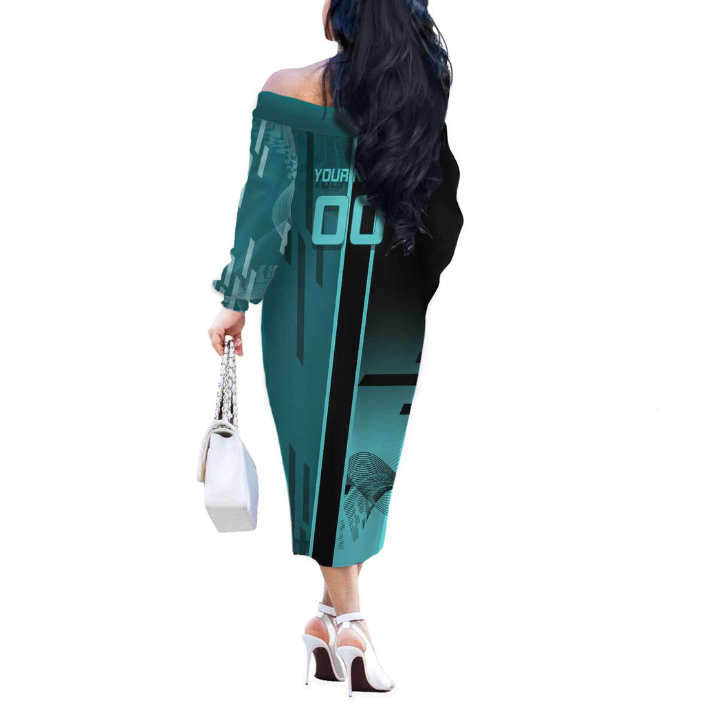 Personalized Tokito Muichiro Demon Slayer Badminton Off The Shoulder Long Sleeve Dress with Racket Action Pose and Teal Black Graphic Design - The Mazicc