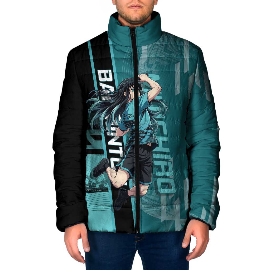 Personalized Tokito Muichiro Demon Slayer Badminton Padded Jacket with Racket Action Pose and Teal Black Graphic Design - The Mazicc