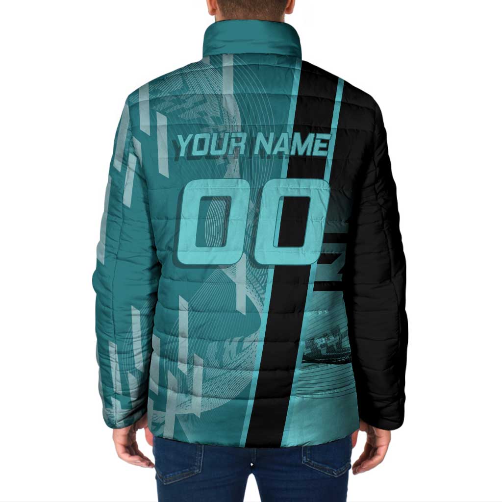 Personalized Tokito Muichiro Demon Slayer Badminton Padded Jacket with Racket Action Pose and Teal Black Graphic Design - The Mazicc