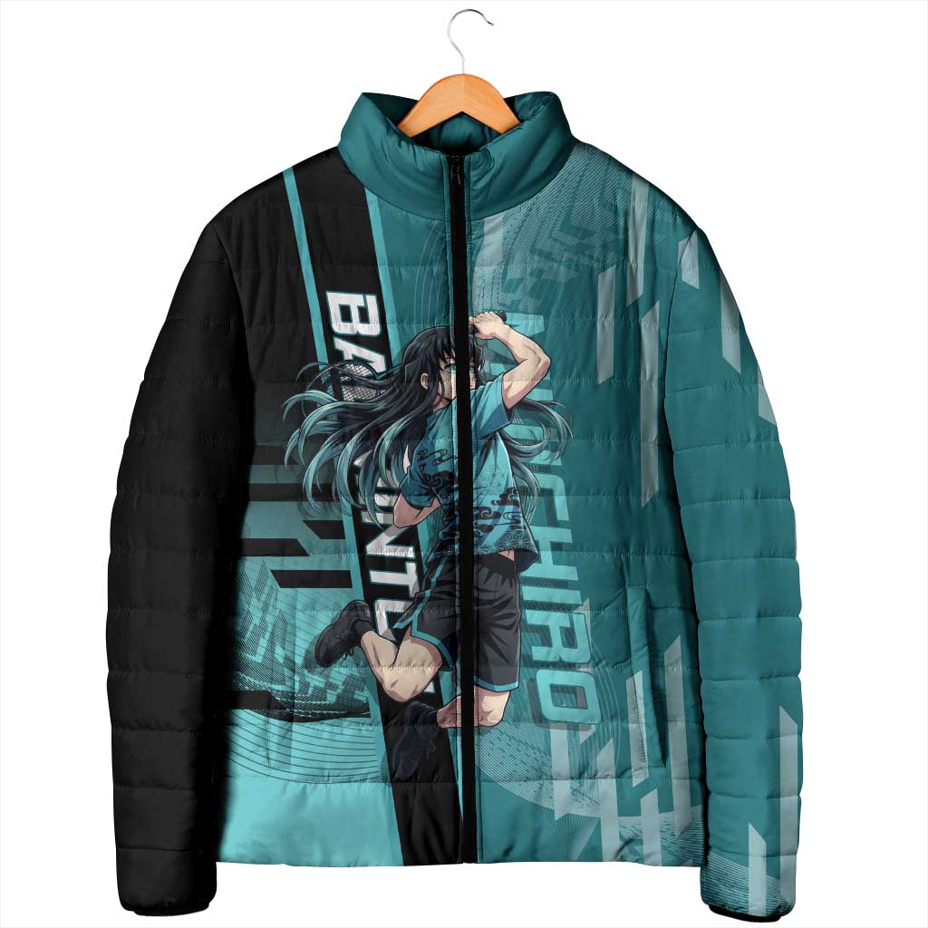 Personalized Tokito Muichiro Demon Slayer Badminton Padded Jacket with Racket Action Pose and Teal Black Graphic Design - The Mazicc