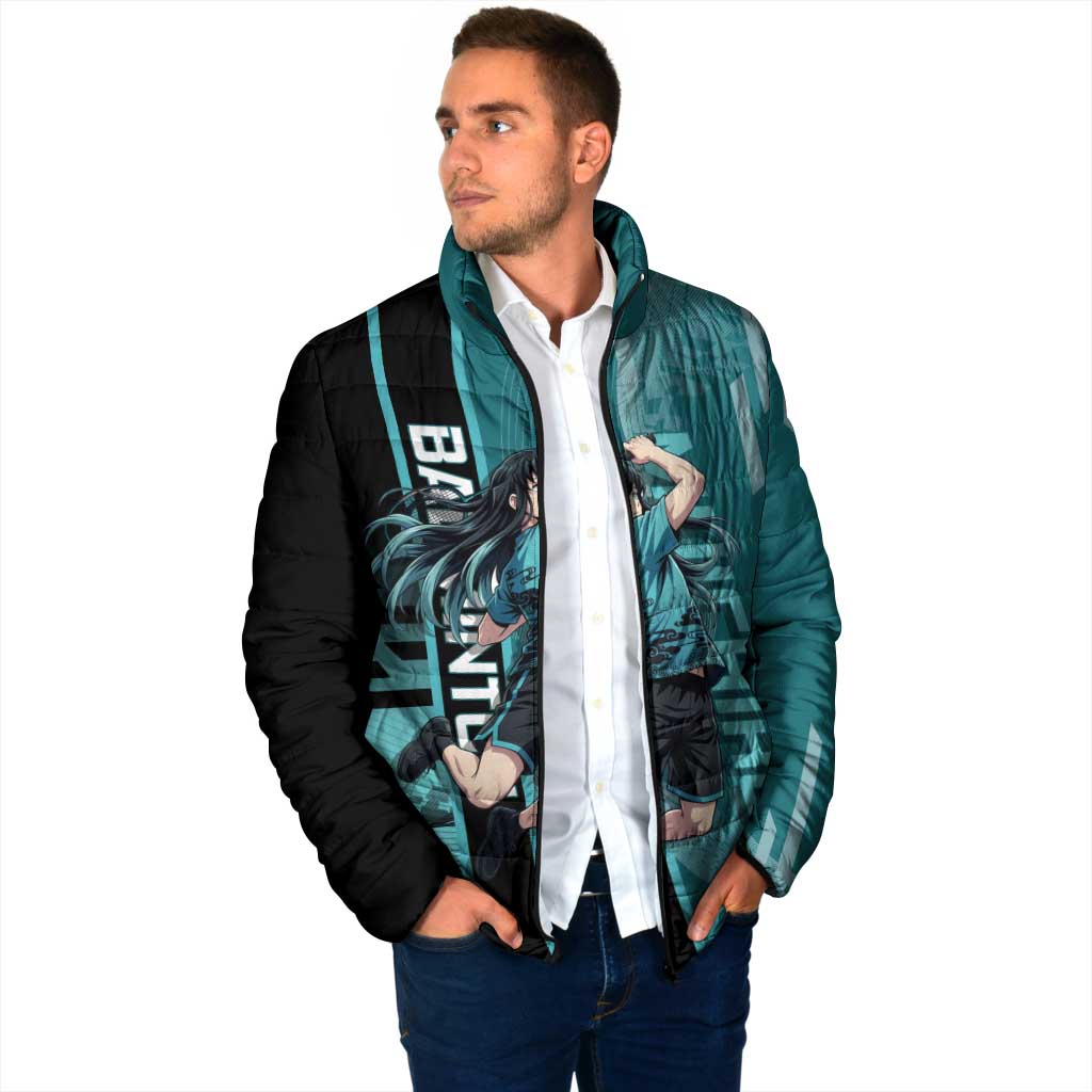 Personalized Tokito Muichiro Demon Slayer Badminton Padded Jacket with Racket Action Pose and Teal Black Graphic Design - The Mazicc