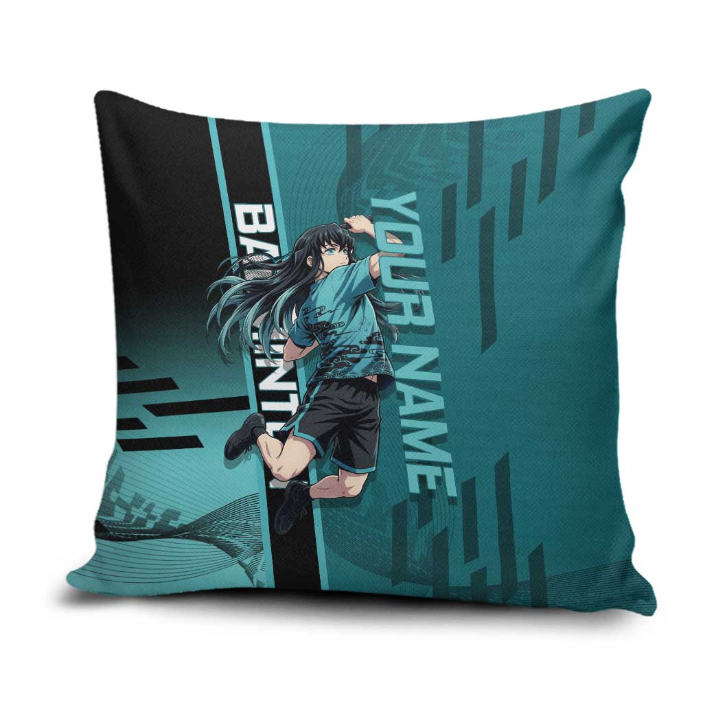 Personalized Tokito Muichiro Demon Slayer Badminton Pillow Cover with Racket Action Pose and Teal Black Graphic Design - The Mazicc