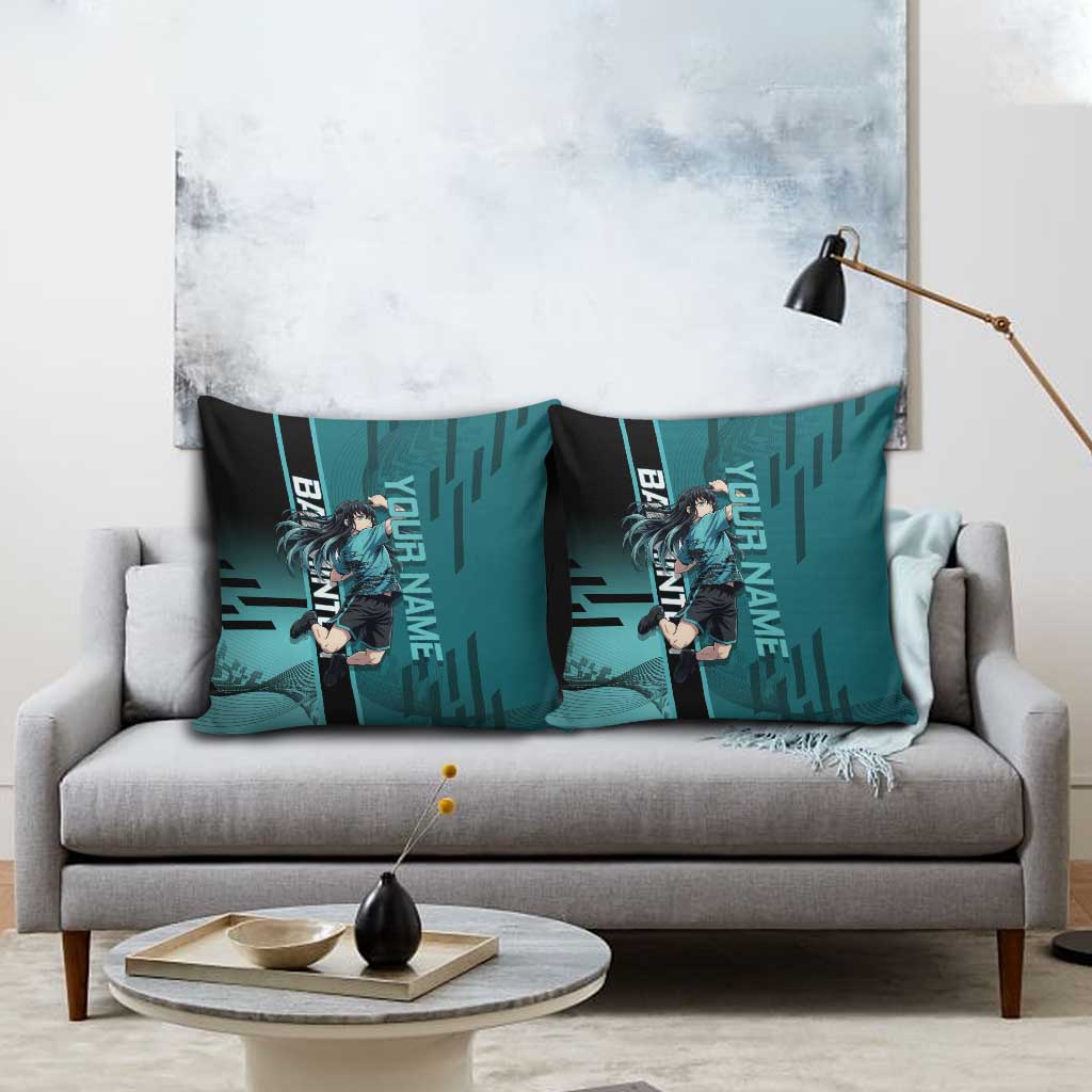 Personalized Tokito Muichiro Demon Slayer Badminton Pillow Cover with Racket Action Pose and Teal Black Graphic Design - The Mazicc