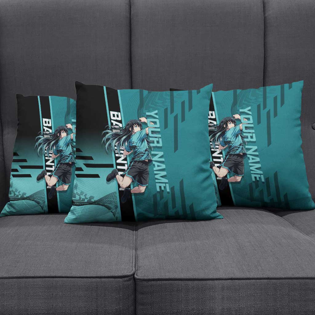 Personalized Tokito Muichiro Demon Slayer Badminton Pillow Cover with Racket Action Pose and Teal Black Graphic Design - The Mazicc