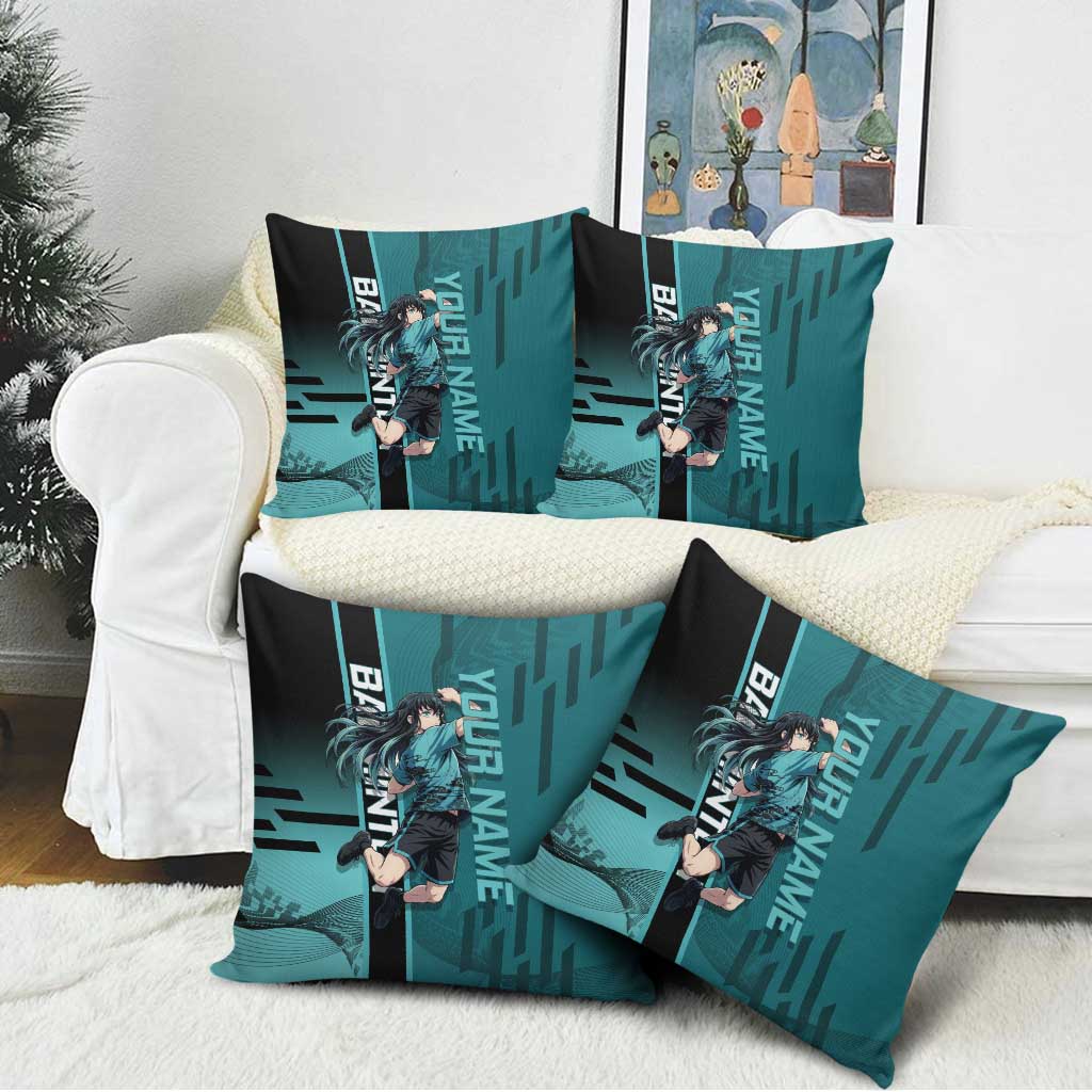 Personalized Tokito Muichiro Demon Slayer Badminton Pillow Cover with Racket Action Pose and Teal Black Graphic Design - The Mazicc