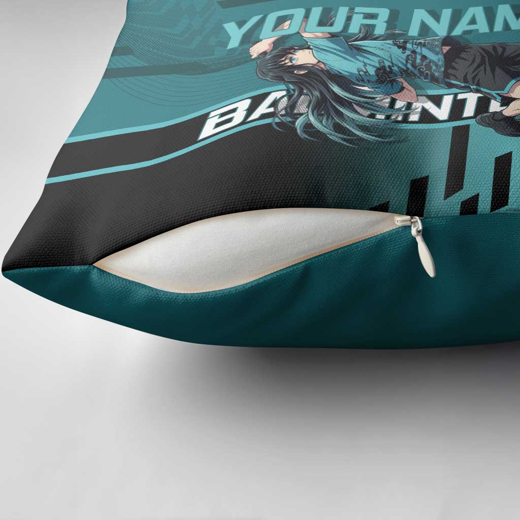 Personalized Tokito Muichiro Demon Slayer Badminton Pillow Cover with Racket Action Pose and Teal Black Graphic Design - The Mazicc