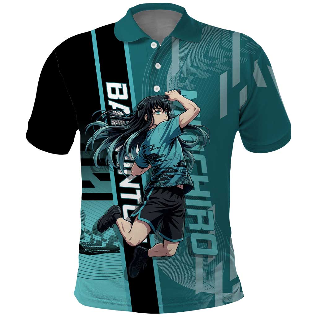 Personalized Tokito Muichiro Demon Slayer Badminton Polo Shirt with Racket Action Pose and Teal Black Graphic Design - The Mazicc