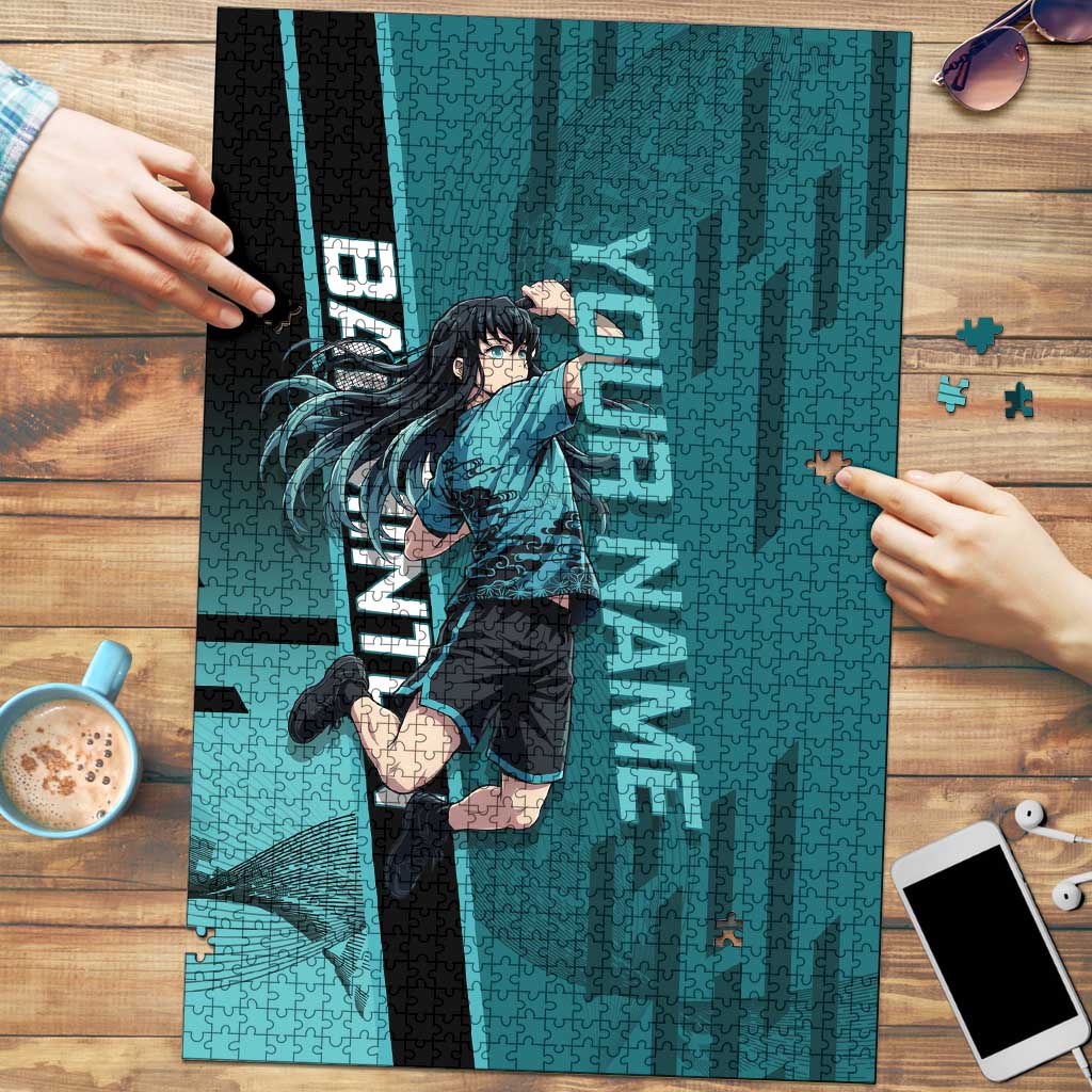 Personalized Tokito Muichiro Demon Slayer Badminton Puzzle with Racket Action Pose and Teal Black Graphic Design - The Mazicc
