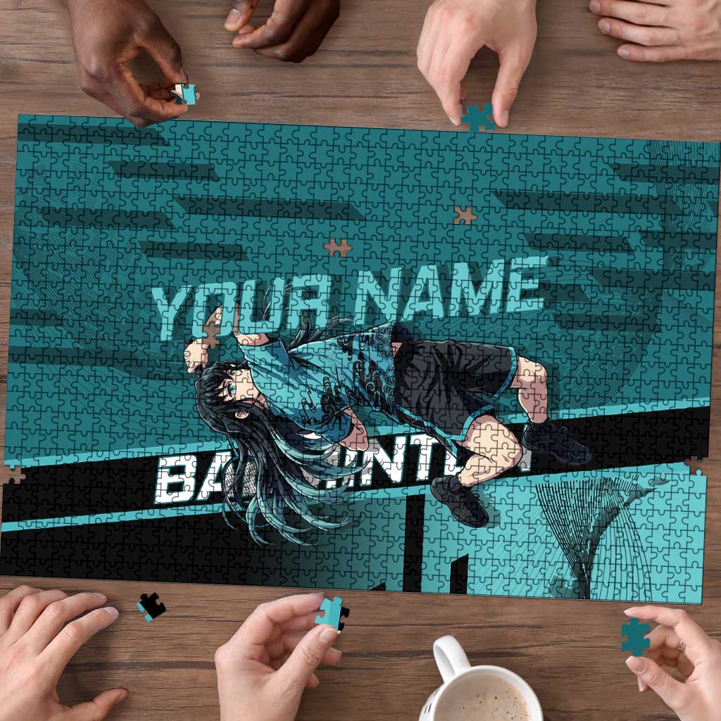 Personalized Tokito Muichiro Demon Slayer Badminton Puzzle with Racket Action Pose and Teal Black Graphic Design - The Mazicc