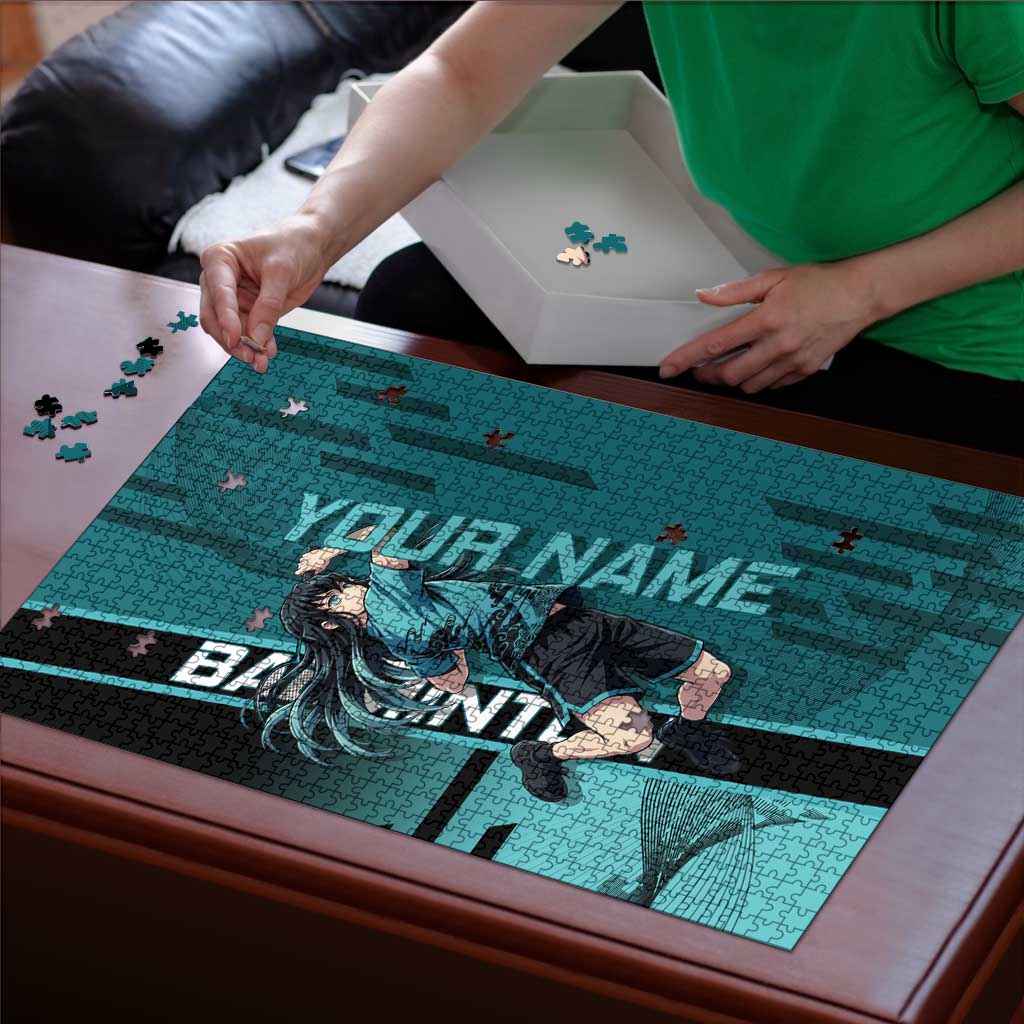 Personalized Tokito Muichiro Demon Slayer Badminton Puzzle with Racket Action Pose and Teal Black Graphic Design - The Mazicc
