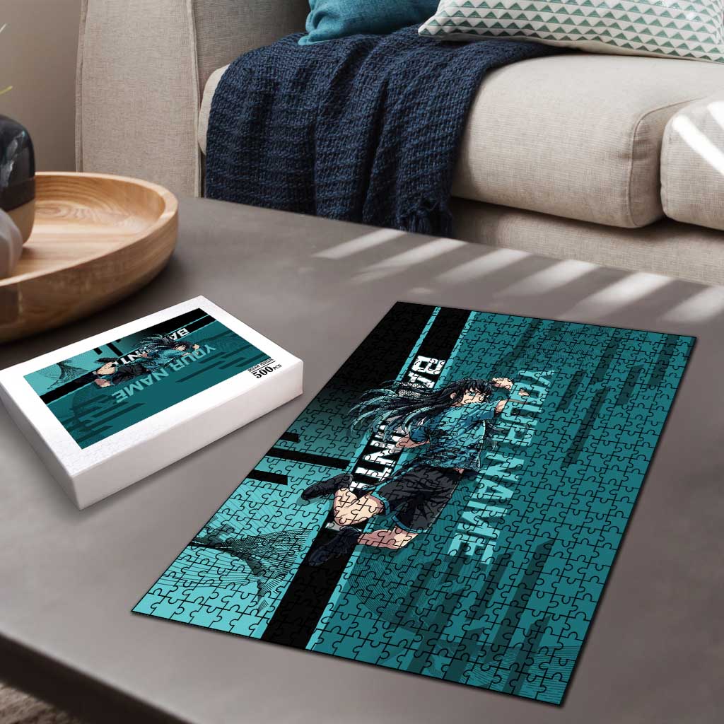 Personalized Tokito Muichiro Demon Slayer Badminton Puzzle with Racket Action Pose and Teal Black Graphic Design - The Mazicc